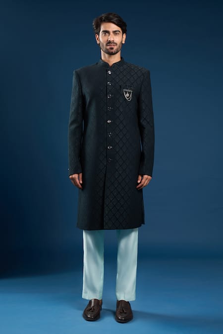 Shop_Arihant Rai Sinha_Green Silk, Cotton Bottle Self Weaving Sherwani Set _Online_at_Aza_Fashions