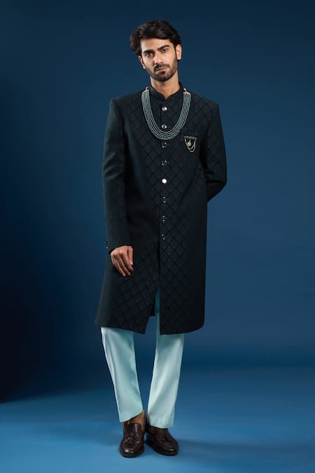 Arihant Rai Sinha_Green Silk, Cotton Bottle Self Weaving Sherwani Set _at_Aza_Fashions