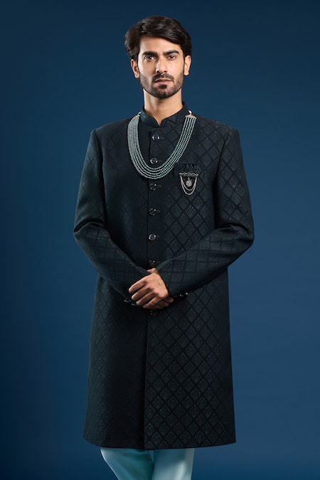 Buy_Arihant Rai Sinha_Green Silk, Cotton Bottle Self Weaving Sherwani Set 