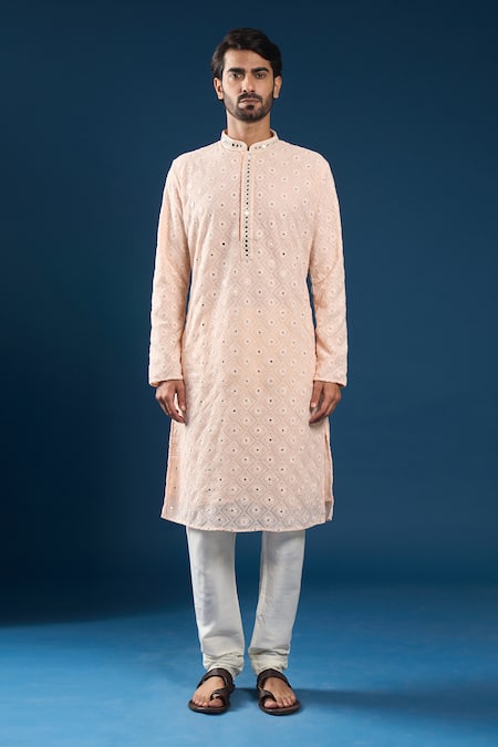 Buy_Arihant Rai Sinha_Peach Georgette, Polyester, Cotton Embroidery Light Chikankari Kurta Pyjama Set _Online_at_Aza_Fashions