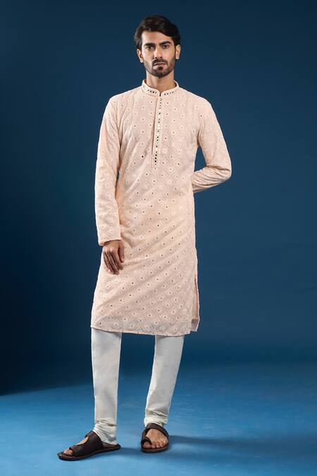 Shop_Arihant Rai Sinha_Peach Georgette, Polyester, Cotton Embroidery Light Chikankari Kurta Pyjama Set _Online_at_Aza_Fashions
