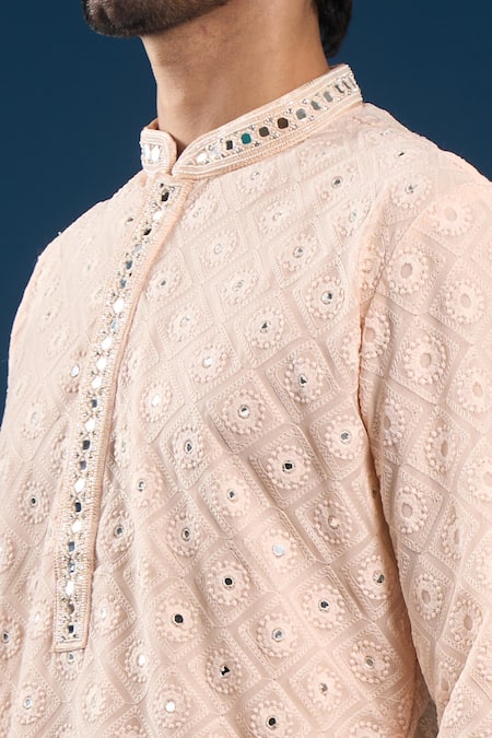 Arihant Rai Sinha_Peach Georgette, Polyester, Cotton Embroidery Light Chikankari Kurta Pyjama Set _at_Aza_Fashions