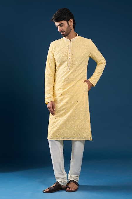 Arihant Rai Sinha Yellow Georgette, Polyester, Cotton Embroidery Chikankari Kurta And Pyjama Set at Aza Fashions Arihant Rai Sinha_Yellow Georgette, Polyester, Cotton Embroidery Chikankari Kurta And Pyjama Set _at_Aza_Fashions