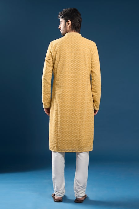 Arihant Rai Sinha Chikankari Mustard Yellow Kurta Set 
