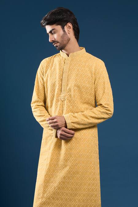 Arihant Rai Sinha_Mustard Georgette, Polyester, Cotton Embroidery Chikankari Yellow Kurta Set _at_Aza_Fashions