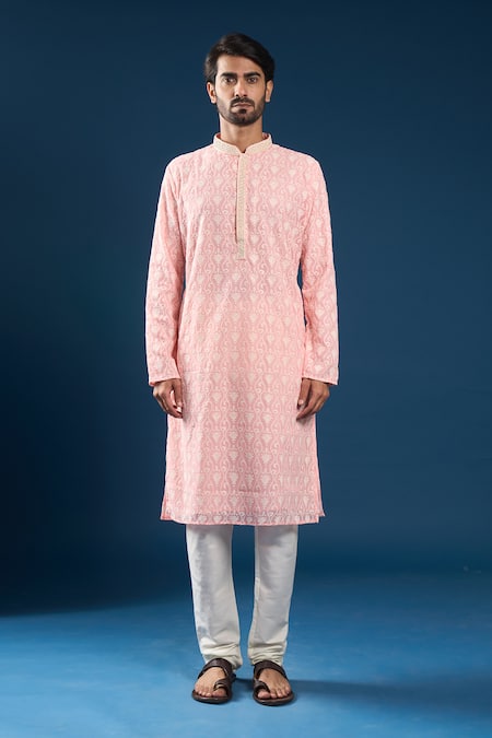 Shop_Arihant Rai Sinha_Pink Georgette, Polyester, Cotton Embroidery Chikankari Kurta And Pyjama Set _Online_at_Aza_Fashions