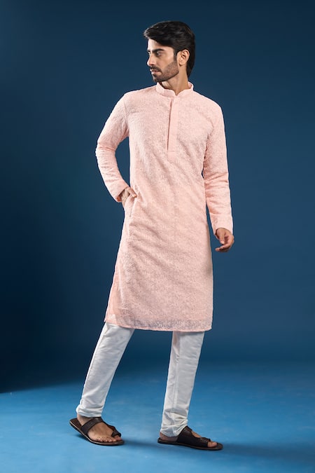 Arihant Rai Sinha_Pink Georgette, Polyester, Cotton Embroidery Chikankari Kurta Set _at_Aza_Fashions