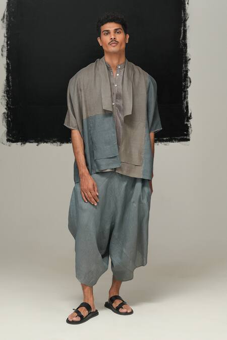 Urvashi Kaur_Gray Linen Kumo Designer Jacket _Online_at_Aza_Fashions
