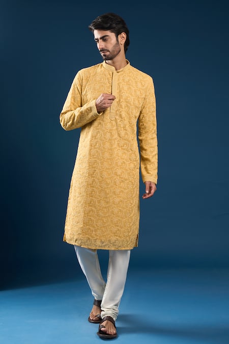 Arihant Rai Sinha Chikankari Mustard Yellow Kurta Set 