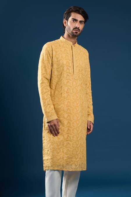 Buy_Arihant Rai Sinha_Mustard Georgette, Polyester, Cotton Embroidery Chikankari Yellow Kurta Set 