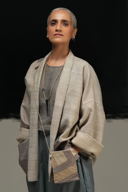 Urvashi Kaur Gray Silk Open Neck Handwoven Eri Jyu Jacket 