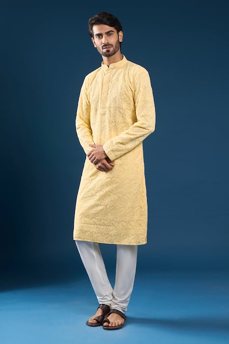 Shop_Arihant Rai Sinha_Yellow Georgette, Polyester, Cotton Embroidery Chikankari Kurta Set _Online_at_Aza_Fashions