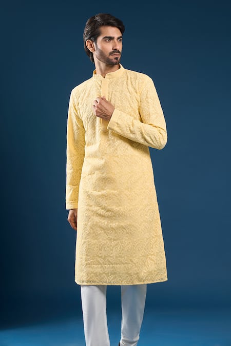 Arihant Rai Sinha_Yellow Georgette, Polyester, Cotton Embroidery Chikankari Kurta Set _at_Aza_Fashions