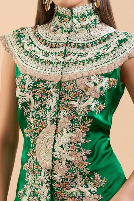 Buy_Anamika Khanna_Green Embroidery High Neck Floral Jacket Skirt Set _Online_at_Aza_Fashions