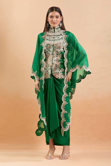 Shop_Anamika Khanna_Green Embroidery High Neck Floral Jacket Skirt Set _Online_at_Aza_Fashions