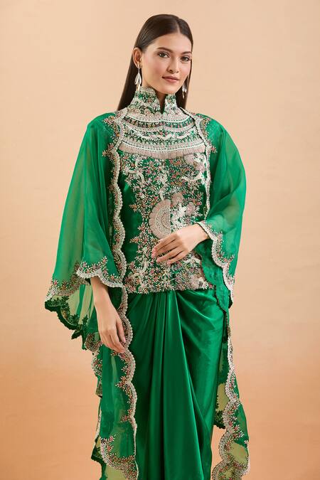 Anamika Khanna_Green Embroidery High Neck Floral Jacket Skirt Set _at_Aza_Fashions