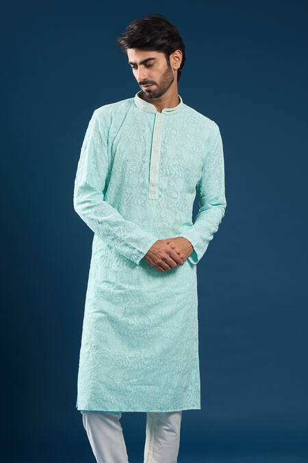 Arihant Rai Sinha_Green Georgette, Polyester, Cotton Embroidery Chikankari Sea Kurta Pyjama Set _at_Aza_Fashions