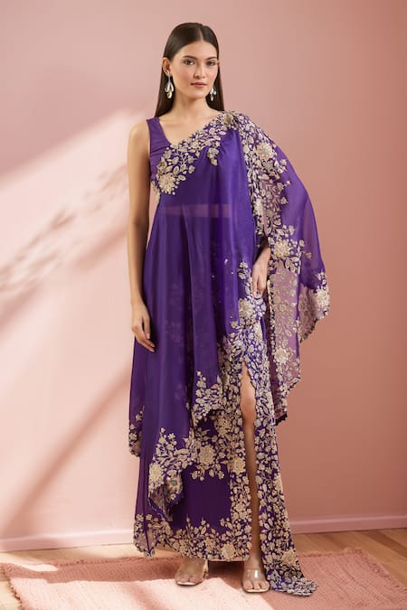 Anamika Khanna Floral Sequin Embroidered Cape Skirt Set 