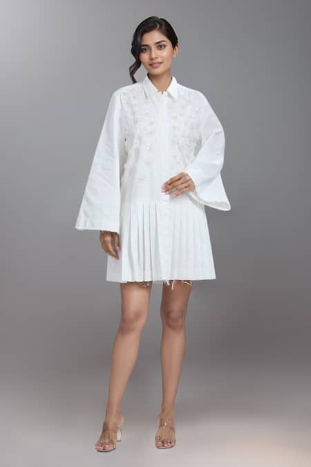 Dhruv Kapoor White Embroidery Collared Pleated Shirt Dress