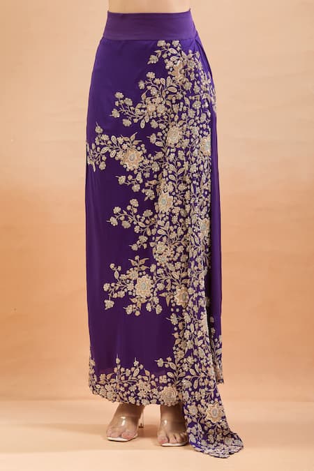 Anamika Khanna Purple Pearls, Sequins Round Neck Floral Embroidered Cape Skirt Set Online at Aza Fashions Anamika Khanna_Purple Pearls, Sequins Round Neck Floral Embroidered Cape Skirt Set _Online_at_Aza_Fashions