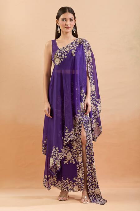 Shop Anamika Khanna Purple Pearls, Sequins Round Neck Floral Embroidered Cape Skirt Set Online at Aza Fashions Shop_Anamika Khanna_Purple Pearls, Sequins Round Neck Floral Embroidered Cape Skirt Set _Online_at_Aza_Fashions