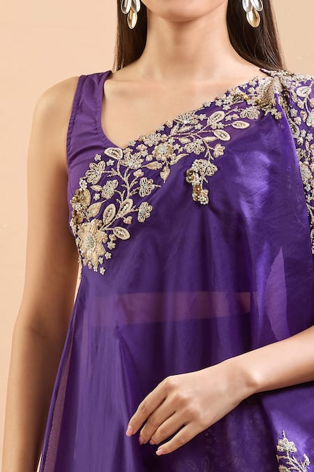 Anamika Khanna Purple Pearls, Sequins Round Neck Floral Embroidered Cape Skirt Set at Aza Fashions Anamika Khanna_Purple Pearls, Sequins Round Neck Floral Embroidered Cape Skirt Set _at_Aza_Fashions