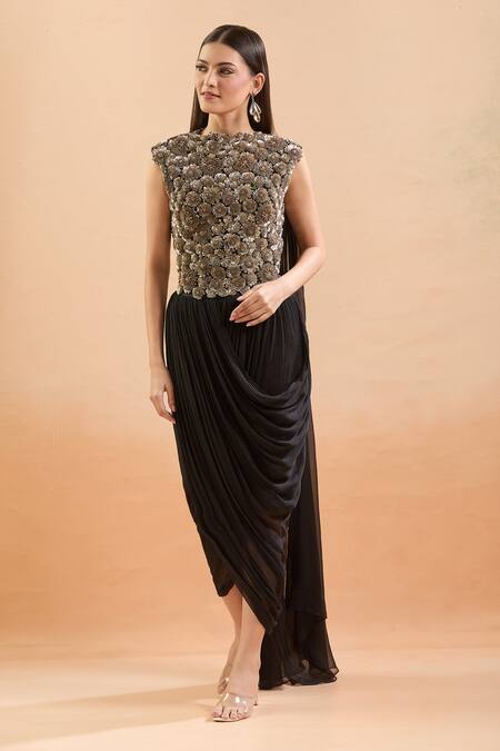 Shop_Anamika Khanna_Gold Sequins, Embroidery High Neck Draped Saree Skirt And Blouse_Online_at_Aza_Fashions