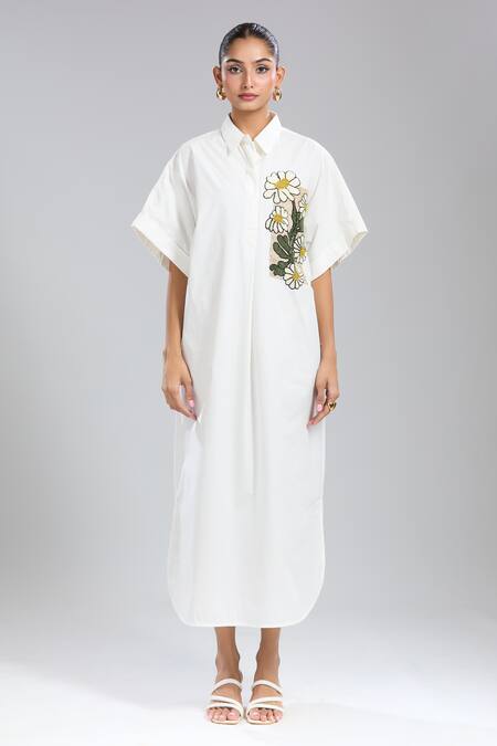 Dhruv Kapoor_White Embroidery Collared Floral Oversized Dress_Online_at_Aza_Fashions