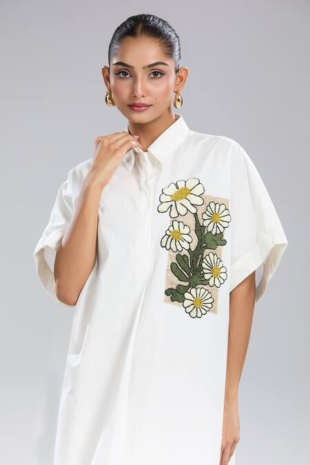 Shop_Dhruv Kapoor_White Embroidery Collared Floral Oversized Dress_Online_at_Aza_Fashions