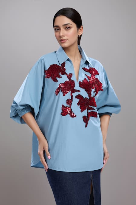 Dhruv Kapoor Blue Embroidery Collared Stem Polo Batwing Shirt