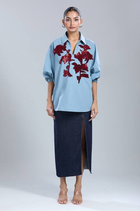 Dhruv Kapoor_Blue Embroidery Collared Stem Polo Batwing Shirt_Online_at_Aza_Fashions