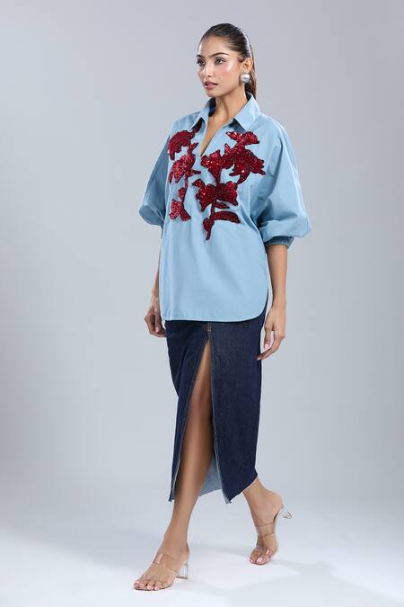 Buy_Dhruv Kapoor_Blue Embroidery Collared Stem Polo Batwing Shirt_Online_at_Aza_Fashions