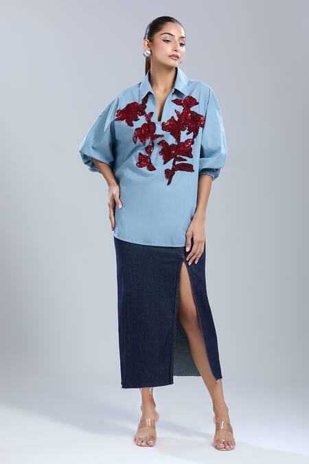 Dhruv Kapoor_Blue Embroidery Collared Stem Polo Batwing Shirt_at_Aza_Fashions