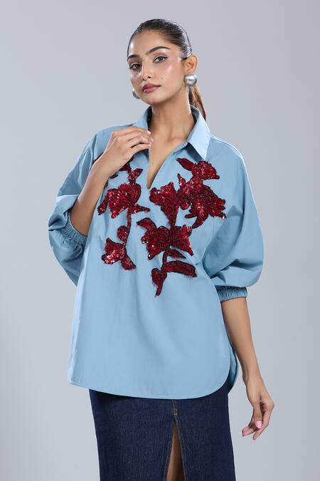 Shop_Dhruv Kapoor_Blue Embroidery Collared Stem Polo Batwing Shirt_Online_at_Aza_Fashions