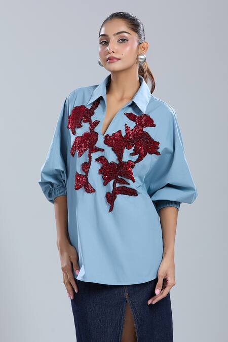 Buy_Dhruv Kapoor_Blue Embroidery Collared Stem Polo Batwing Shirt