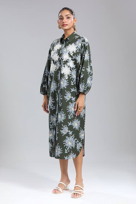 Buy_Dhruv Kapoor_Multi Color Embroidery Collared Luminous Shirt Dress _Online_at_Aza_Fashions