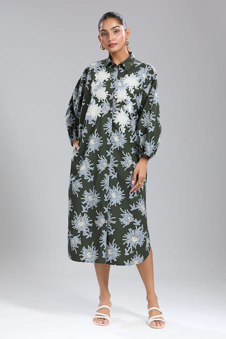 Dhruv Kapoor_Multi Color Embroidery Collared Luminous Shirt Dress _at_Aza_Fashions