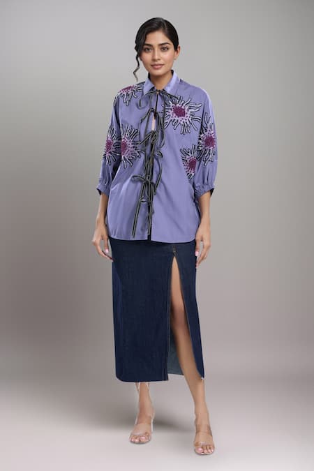 Dhruv Kapoor Purple Embroidery Collared Lavender Batwing Shirt 