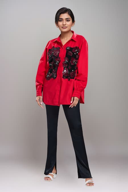 Dhruv Kapoor Red Embroidery, Sequins Collared Double Fresco Batwing Shirt 
