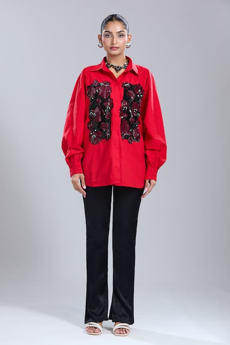 Shop_Dhruv Kapoor_Red Embroidery, Sequins Collared Double Fresco Batwing Shirt_Online_at_Aza_Fashions