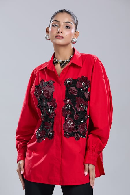 Dhruv Kapoor_Red Embroidery, Sequins Collared Double Fresco Batwing Shirt_at_Aza_Fashions