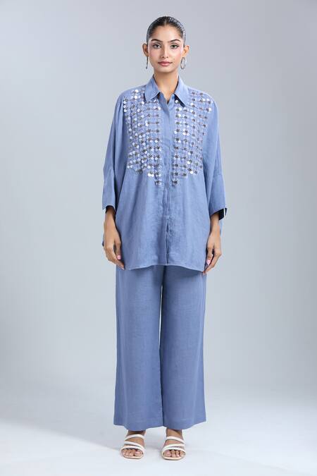 Shop_Dhruv Kapoor_Blue Sequins Collared Crystal Grid Long Shirt_Online_at_Aza_Fashions