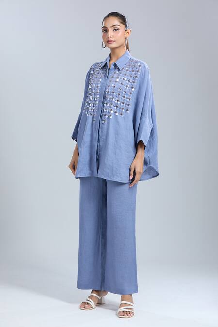 Dhruv Kapoor_Blue Sequins Collared Crystal Grid Long Shirt_at_Aza_Fashions