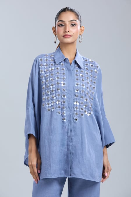 Buy_Dhruv Kapoor_Blue Sequins Collared Crystal Grid Long Shirt