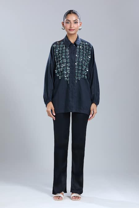 Buy_Dhruv Kapoor_Blue Crystals Collared Navy Grid Batwing Shirt 