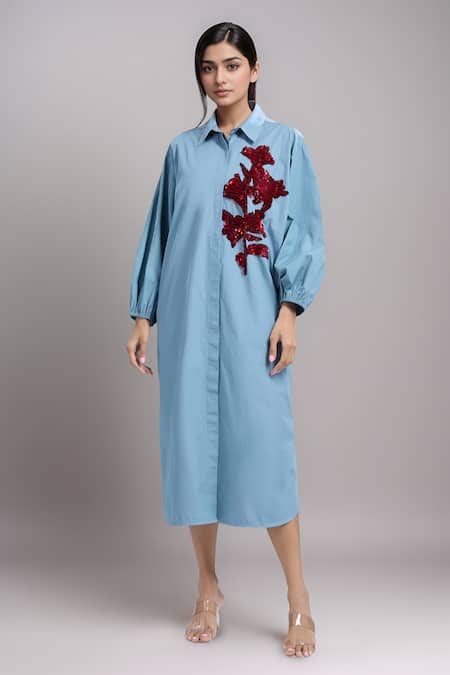 Dhruv Kapoor Blue Sequins Collared Stem Shirt Dress 