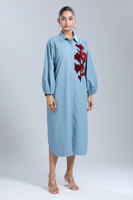 Buy_Dhruv Kapoor_Blue Sequins Collared Stem Shirt Dress _Online_at_Aza_Fashions