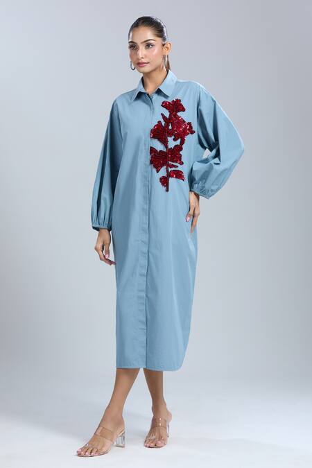 Dhruv Kapoor_Blue Sequins Collared Stem Shirt Dress _at_Aza_Fashions