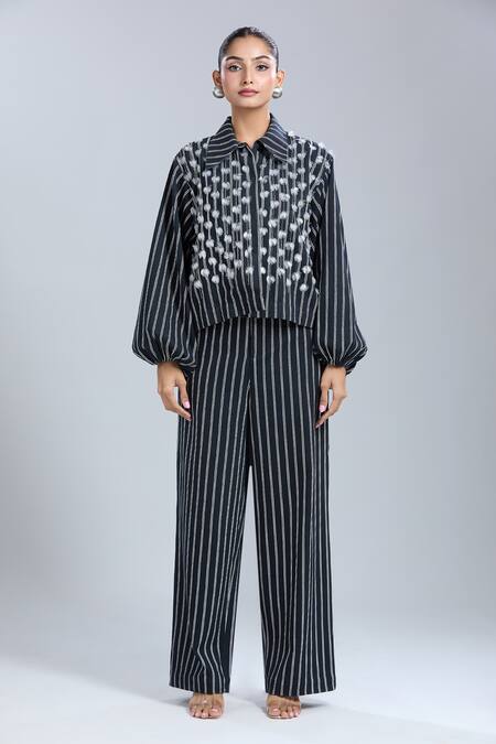 Dhruv Kapoor_Blue Embroidery Collared Multi Striper Stem Jacket_Online_at_Aza_Fashions