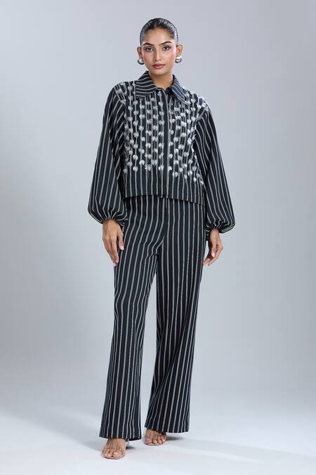 Buy_Dhruv Kapoor_Blue Embroidery Collared Multi Striper Stem Jacket_Online_at_Aza_Fashions